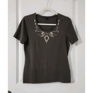 Basler Women's Beaded Top‎ Short Sleeve Stretch Cotton Embellished Green Size S